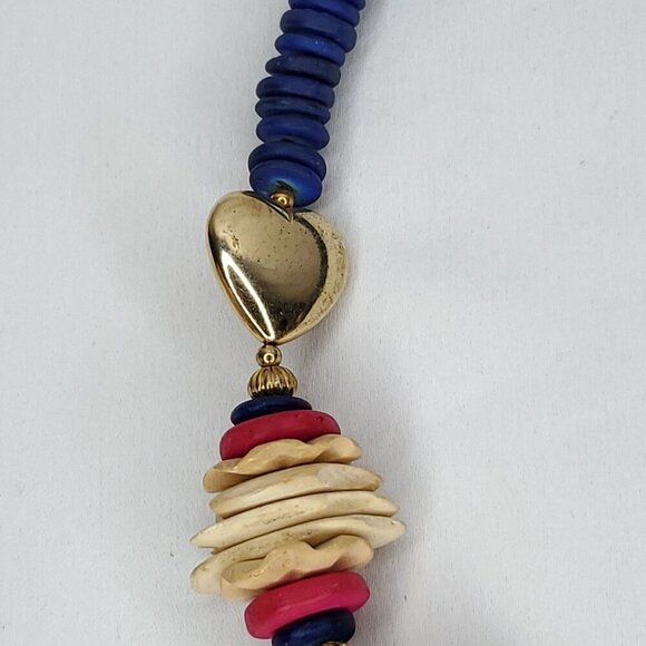 Wood Bead Necklace Blue Pink Disks Ivory Freeform Chunky Boho Tribal Jewelry 30" - Picture 4 of 4